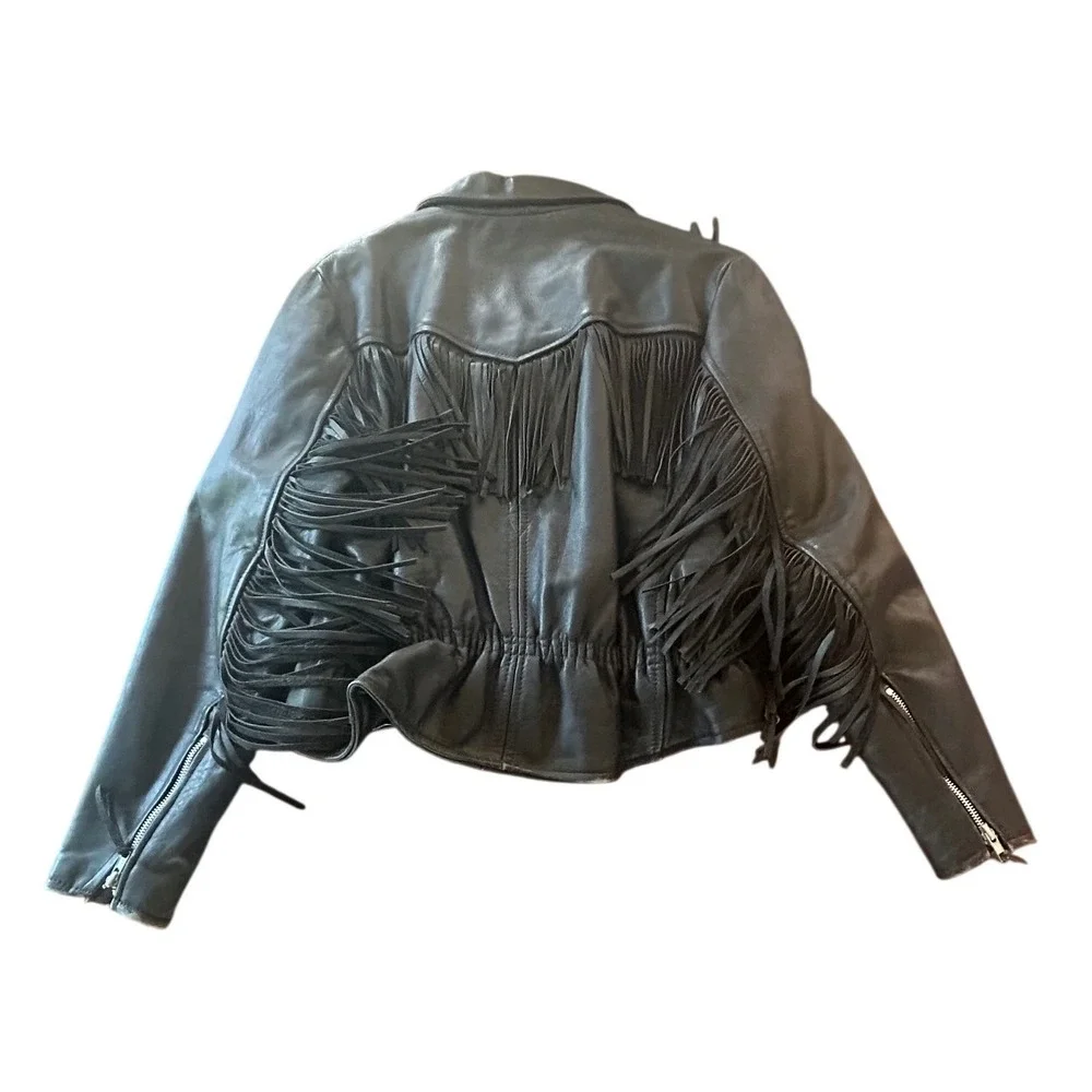 Vintage 90s First Genuine Leather Fringe Biker Jacket Black Western Moto Belted - Picture 6 of 8
